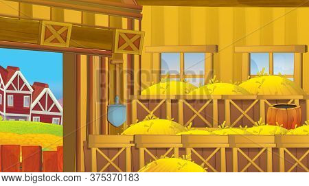 Cartoon Scene With Wooden Chicken Coop For Hen And Eggs - Bright Illustration
