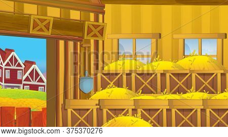 Cartoon Scene With Wooden Chicken Coop For Hen And Eggs - Bright Illustration