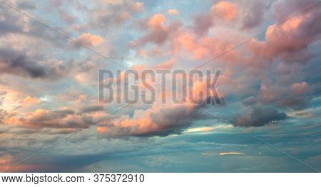 Huge Natural sky background - Panoramic Sunrise Sundown Sanset Sky with colorful clouds, without any birds. Big size sky panoramic view