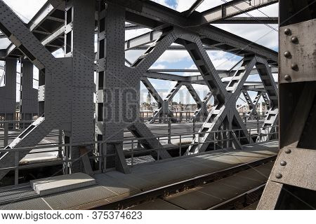 Temse, Belgium, July 05, 2020, Detail Photo Of The Steel Construction Of The Bridge Over The Scheldt