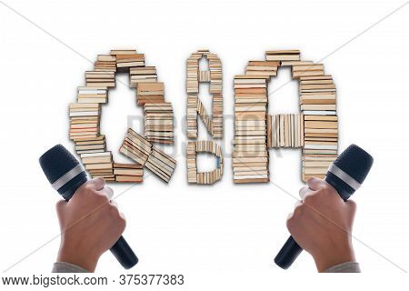 Q&a Text And Two Hands Holding A Microphone On White Background. Questions And Answer Podcast