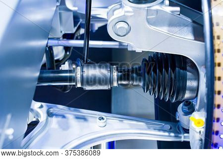 electric system of eco car front driving axle in the car, visible elements of the steering system