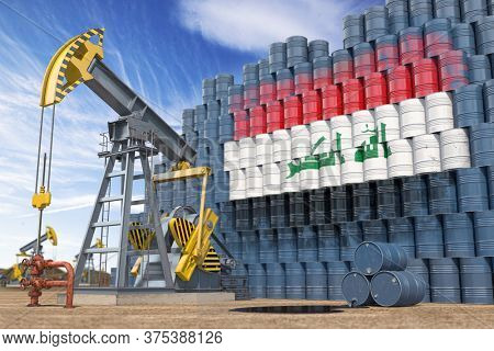 Oil production and extraction in Iraq. Oil pump jack and oil barrels with Iraqui flag. 3d illustration