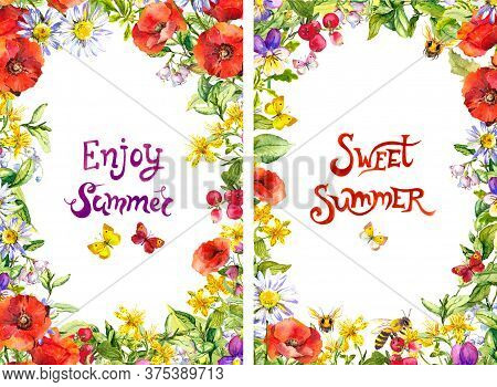 Two Floral Templates For 4x6 Flyers With Summer Text . Wild Flowers, Meadow Grass, Butterflies, Bees