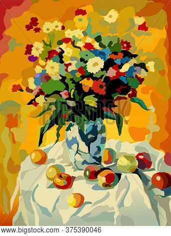 Flower Bouquet In A Vase On The Table. A Table With A White Tablecloth And Fruits On It. Painting By