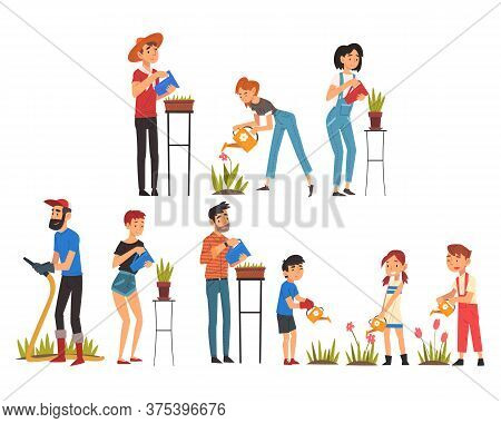 People Watering Plants With Watering Can Set, Men, Women And Kids Enjoying Gardening Vector Illustra