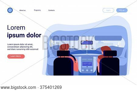 Couple Riding Vehicle. Back View Of Driver And Passenger Inside Car Interior. View From Backseat. Ve