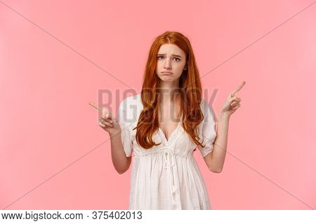 Upset, Pouting And Gloomy Silly Redhead Female In White Dress, Whining, Telling About Bad Experience