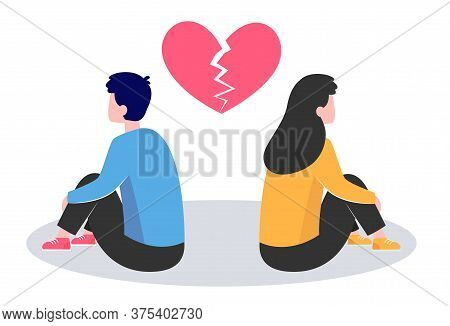 Conflict In Couple. Young Man And Woman Turning Their Back On Under Broken Heart Flat Vector Illustr