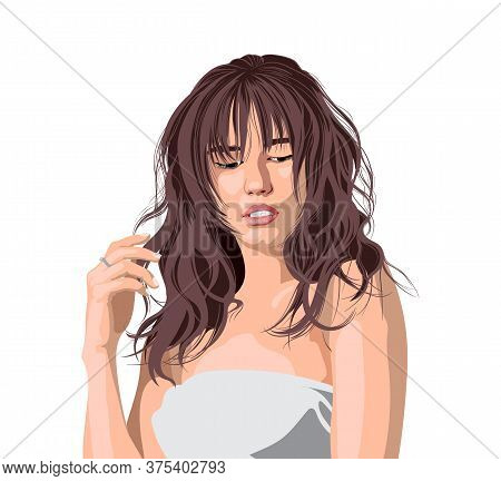 Young Caucasian Girl With Curly Long Dark Brown Hair And Bangs. White Dress. Messy Hair