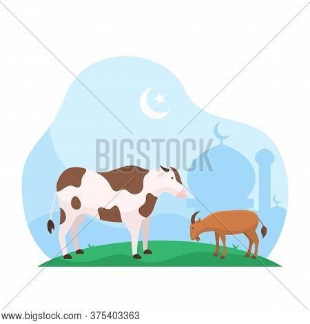 Eid Al Adha Islamic Holiday The Sacrifice Of Livestock Animal Poster Background Design. Cow And Goat
