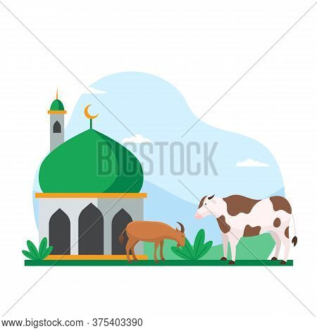 Eid Al Adha Islamic Holiday The Sacrifice Of Livestock Animal Poster Background Design. Cow And Goat