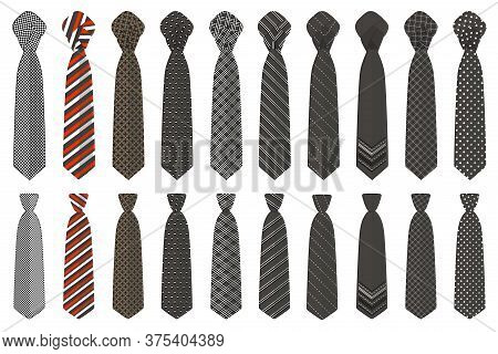 Illustration On Theme Big Set Ties Different Types, Neckties Various Size. Tie Pattern Consisting Of