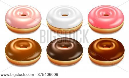 Set Of Realistic Donuts. Glazed Confectionery For Fast Food. 3d Isolated On White Background Vector 