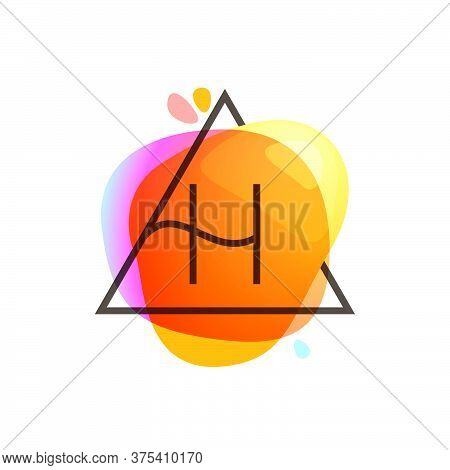 H Letter Logo In Triangle Frame At Watercolor Splash Background. Color Overlay Style. Perfect Vector