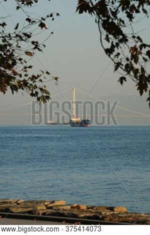 Osman Gazi Bridge And Cargo Ship Through The Trees