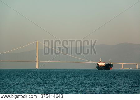 Osman Gazi Bridge And Cargo Ship Through The Trees