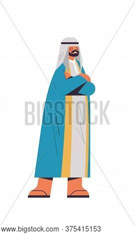 Arabic Man In Traditional Clothes Arab Businessman With Folded Hands Standing Pose Male Cartoon Char
