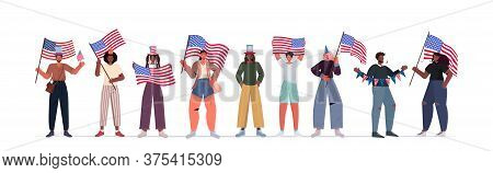 Mix Race People In Festive Hats Holding Usa Flags Celebrating 4th Of July American Independence Day 