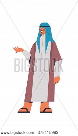 Arabic Man In Traditional Clothes Arab Businessman Pointing Hand At Something Male Cartoon Character