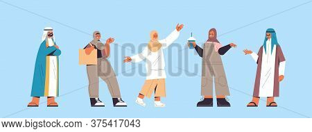 Set Arabic People In Traditional Clothes Arab Men Women Standing Pose Male Female Cartoon Characters