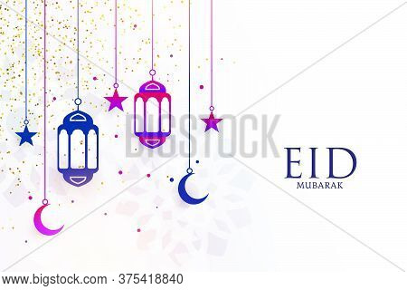 Eid Mubarak Festival Greeting With Lamps And Moon