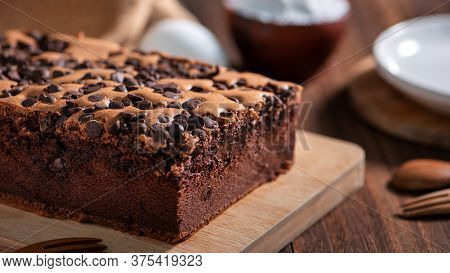 Chocolate Flavor Taiwanese Traditional Sponge Cake (taiwanese Castella Kasutera) On A Wooden Tray Ba