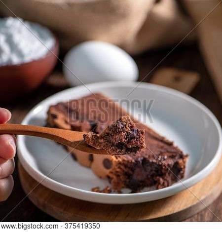 Chocolate Flavor Taiwanese Traditional Sponge Cake (taiwanese Castella Kasutera) On A Wooden Tray Ba