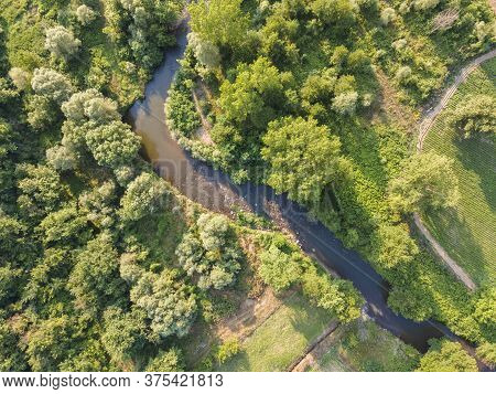 Aerial View Of Strumeshnitsa River Passing Through The Petrich Valley, Bulgaria