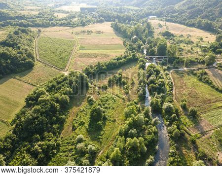 Aerial View Of Strumeshnitsa River Passing Through The Petrich Valley, Bulgaria