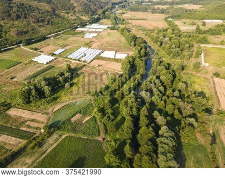Aerial View Of Strumeshnitsa River Passing Through The Petrich Valley, Bulgaria