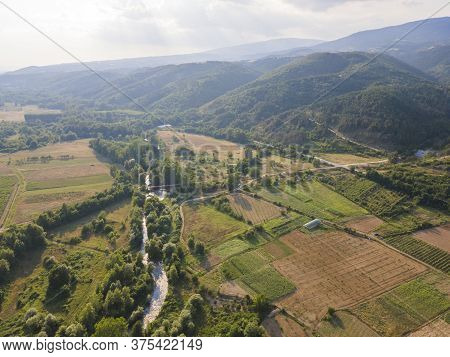 Aerial View Of Strumeshnitsa River Passing Through The Petrich Valley, Bulgaria
