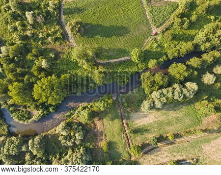 Aerial View Of Strumeshnitsa River Passing Through The Petrich Valley, Bulgaria