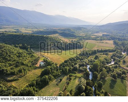 Aerial View Of Strumeshnitsa River Passing Through The Petrich Valley, Bulgaria