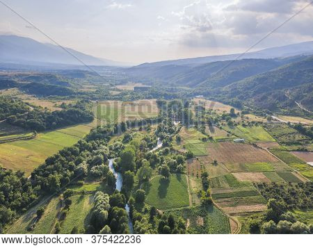 Aerial View Of Strumeshnitsa River Passing Through The Petrich Valley, Bulgaria