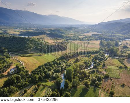 Aerial View Of Strumeshnitsa River Passing Through The Petrich Valley, Bulgaria