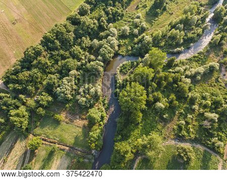 Aerial View Of Strumeshnitsa River Passing Through The Petrich Valley, Bulgaria