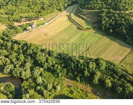 Aerial View Of Strumeshnitsa River Passing Through The Petrich Valley, Bulgaria
