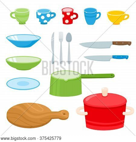 Cartoon Kitchen Tools Set Isolated On White.