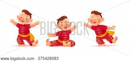 Happy Chinese Boy Character In Traditional Hanfu Suit Collection Isolated On White Background. Chine