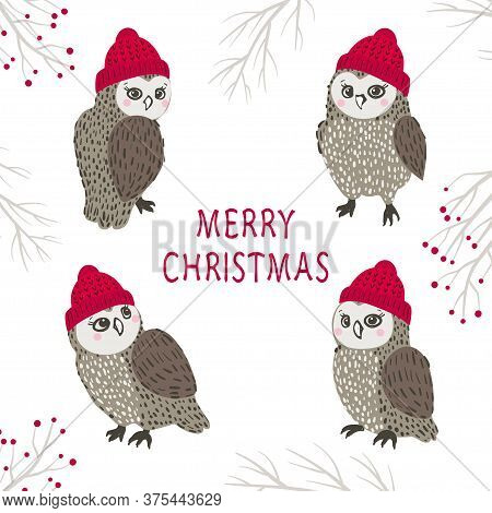 Set Of Cute Cartoon Owls In Hats. Merry Christmas Vector Illustration.