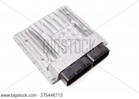 Aluminum Car Engine Control Unit With Metal Elements On White Background Is Connecting Center Of Var