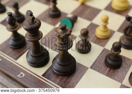 Chess Pieces On The Board. Wooden Chess Pieces On The Chessboard.
