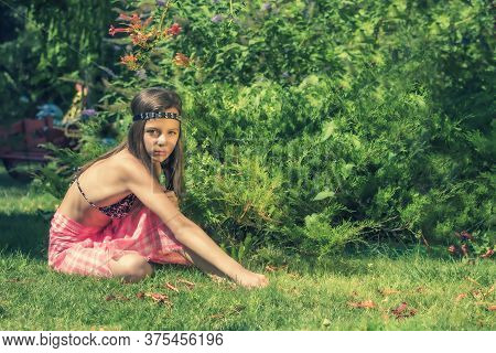 Portrait Of Beautiful Cute Brunette Teenager Model With Makeup, Poreo, In Summer Colorful Swimsuit P