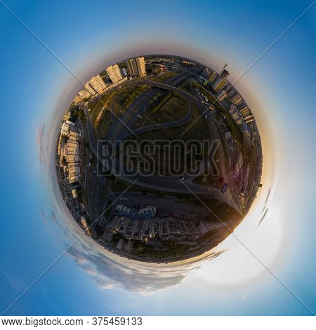 BARNAUL CITY. RUSSIA - AUGUST 11, 2019: Aerial shot of view to Barnaul city. Siberia, Russia. Summer sunny day on August 11, 2019 in Altayskiy krai, Siberia, Barnaul, Russia with with fantastic sunset