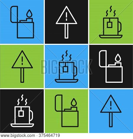 Set Line Lighter, Cup Of Tea With Tea Bag And Exclamation Mark In Triangle Icon. Vector