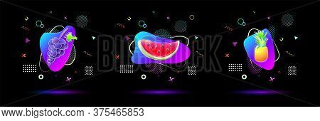 Bright Neon Colored Gradient Pineapple, Watermelon, Grape Fruit With Vivid Colorful Abstract Fluid L