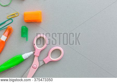 Material For School, Paper Clips, Pencils, Colors, Scisor And Notebook
