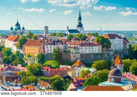 Tallinn, Estonia historic skyline towards Toompea Hill.