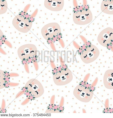 Cute Seamless Spring Pattern With Sleeping Rabbits Heads, Hearts. Hand Drawn Background With Animal 